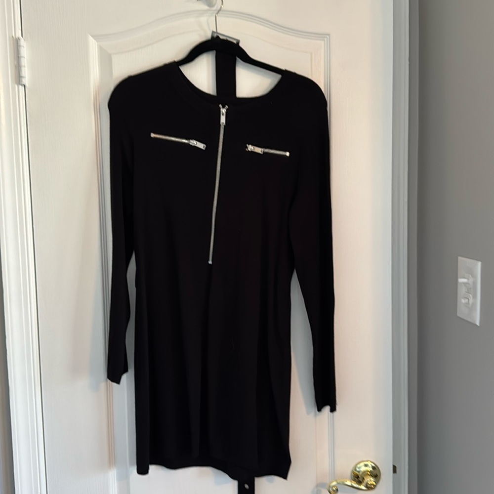 INC International Concepts Black Belted Zip Front Tunic/Sweater, Size L